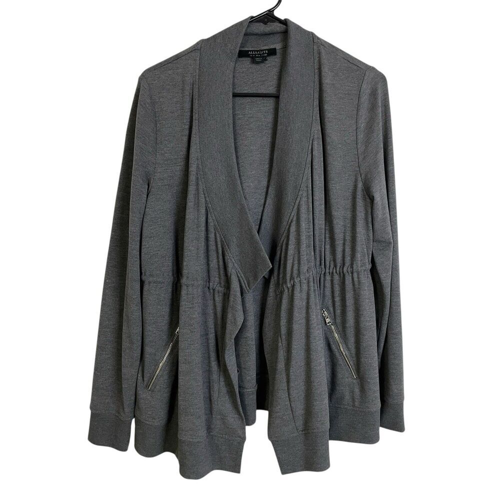 All Saints Gina Drape Jacket 4 Gray Womens Open Front Zip Pocket Drawstring